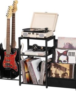 Black End Table, Small Side Table with Metal Frame,Modern Record Player Stand with Storage Shelf, Wood 3 Tier Sofa Bedside Tables, Narrow Nightstand for Living Room Bedroom Office