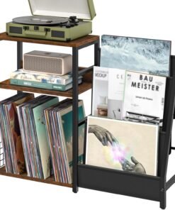Black End Table, Small Side Table with Metal Frame,Modern Record Player Stand with Storage Shelf, Wood 3 Tier Sofa Bedside Tables, Narrow Nightstand for Living Room Bedroom Office