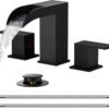 Square Matte Black Bathroom Faucets 3 Hole, 8 Inch Widespread Waterfall Bathroom Sink Faucet with Metal Pop-up Drain and Supply Lines, Two Handles for Vanity, Lavatory, Restroom, Commercial