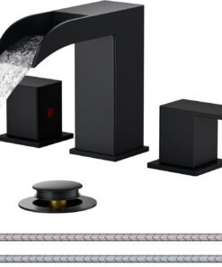 Square Matte Black Bathroom Faucets 3 Hole, 8 Inch Widespread Waterfall Bathroom Sink Faucet with Metal Pop-up Drain and Supply Lines, Two Handles for Vanity, Lavatory, Restroom, Commercial