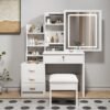 Vanity Desk with Lighted Mirror and Stool, Makeup Table with Sliding LED Lighted Mirror-3 Color Models, Makeup Desk with 4 Drawers & Shelves & Cushion Stool, Dressing Makeup Table for Home Apartment