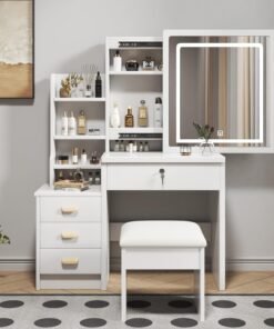 Vanity Desk with Lighted Mirror and Stool, Makeup Table with Sliding LED Lighted Mirror-3 Color Models, Makeup Desk with 4 Drawers & Shelves & Cushion Stool, Dressing Makeup Table for Home Apartment