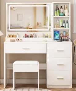 Vanity Desk with Mirror and Lights, 4 Drawers & Benches Vanity Desk Set, 3 Color Lighting Modes Adjustable Brightness Vanity for Bedroom Makeup Table