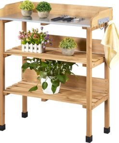 Outdoor Garden Potting Bench Table Wooden Horticulture Planting Worstation w/Metal Tabletop/Storage Shelf/3 Hooks, Natural Wood