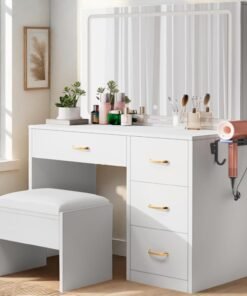 Makeup Vanity with Large Mirror and LED Lights, Vanity Desk Set with Power Outlet & Chair & 3 Lighting Colors, 4 Drawers, Dressing Table Stool Set for Dressing Room, Pearl White