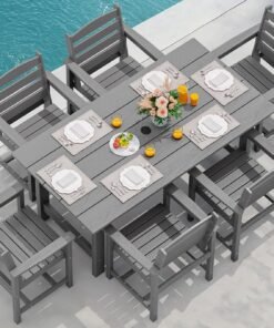 Outdoor HDPE Dining Table Set, 7-Piece Outdoor Dining Table Sets with Umbrella Hole Cut-Out Table and 6 Chairs, Gray