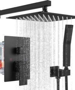 Rainfall Bathroom Shower System Rain Shower Head and Handle Set Wall Mounted Shower Complete Combo Solid Brass Pressure Balancing Shower Mixer Valve 10 Inch Matte Black