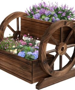 Wooden Wagon Planter Box, Garden Planter with Wheels,Decorative Planter for Flowers Herbs Vegetables for Indoor & Outdoor D??cor, Flower Cart for Patio Garden Balcony